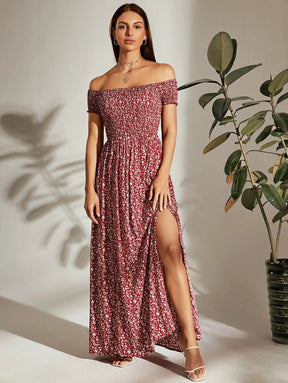 Breezaya™ Borgonha Abertura lateral Florzinhas Boho Vestido