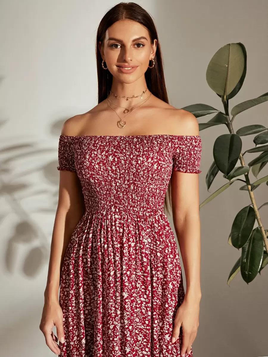 Breezaya™ Borgonha Abertura lateral Florzinhas Boho Vestido