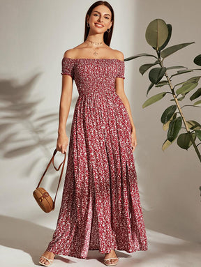 Breezaya™ Borgonha Abertura lateral Florzinhas Boho Vestido