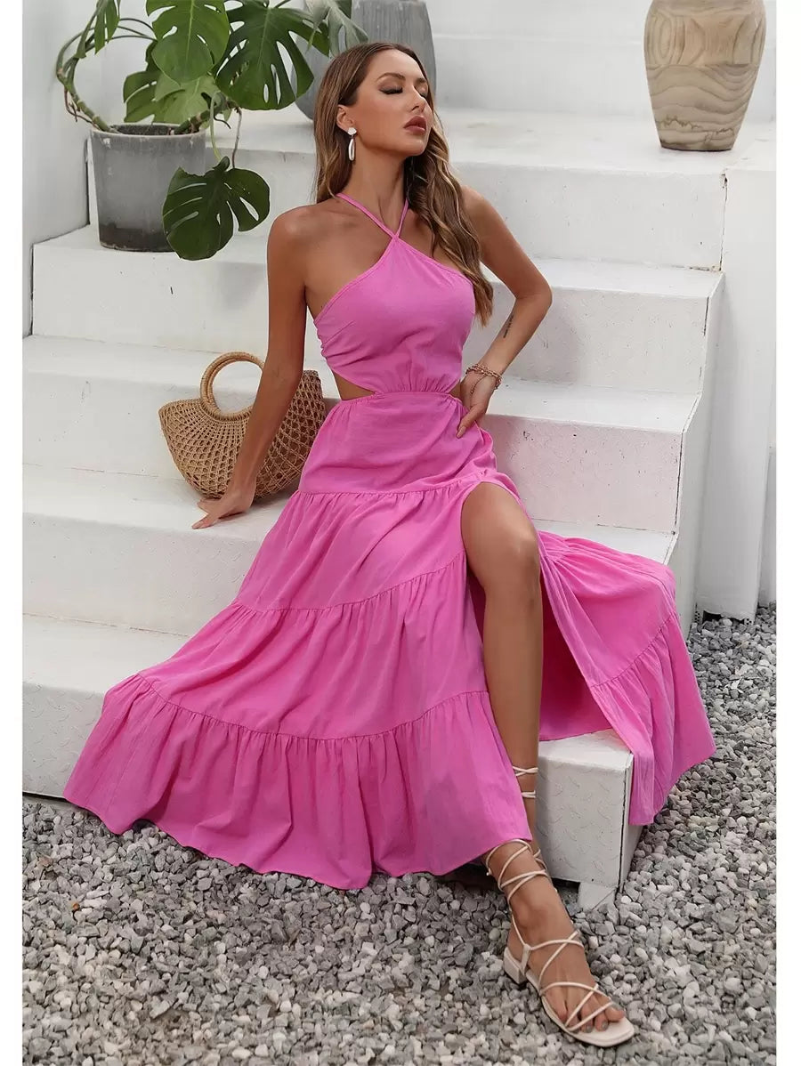 Breezaya™ Vestido Longo para Férias e Praia com Amarração Cruzada, Recorte nas Costas, Babado na Barra e Fenda na Coxa, para Mulheres