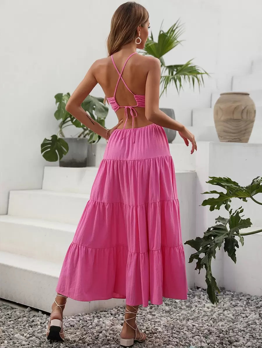 Breezaya™ Vestido Longo para Férias e Praia com Amarração Cruzada, Recorte nas Costas, Babado na Barra e Fenda na Coxa, para Mulheres
