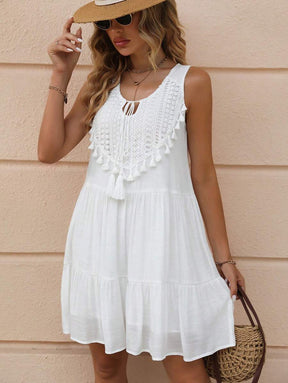 Breezaya™ Vestido Longo de Viagem e Praia para Mulheres, com Babado na Bainha e Decote com Gola Franzida e Acabamento em Borla