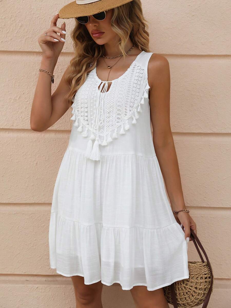 Breezaya™ Vestido Longo de Viagem e Praia para Mulheres, com Babado na Bainha e Decote com Gola Franzida e Acabamento em Borla