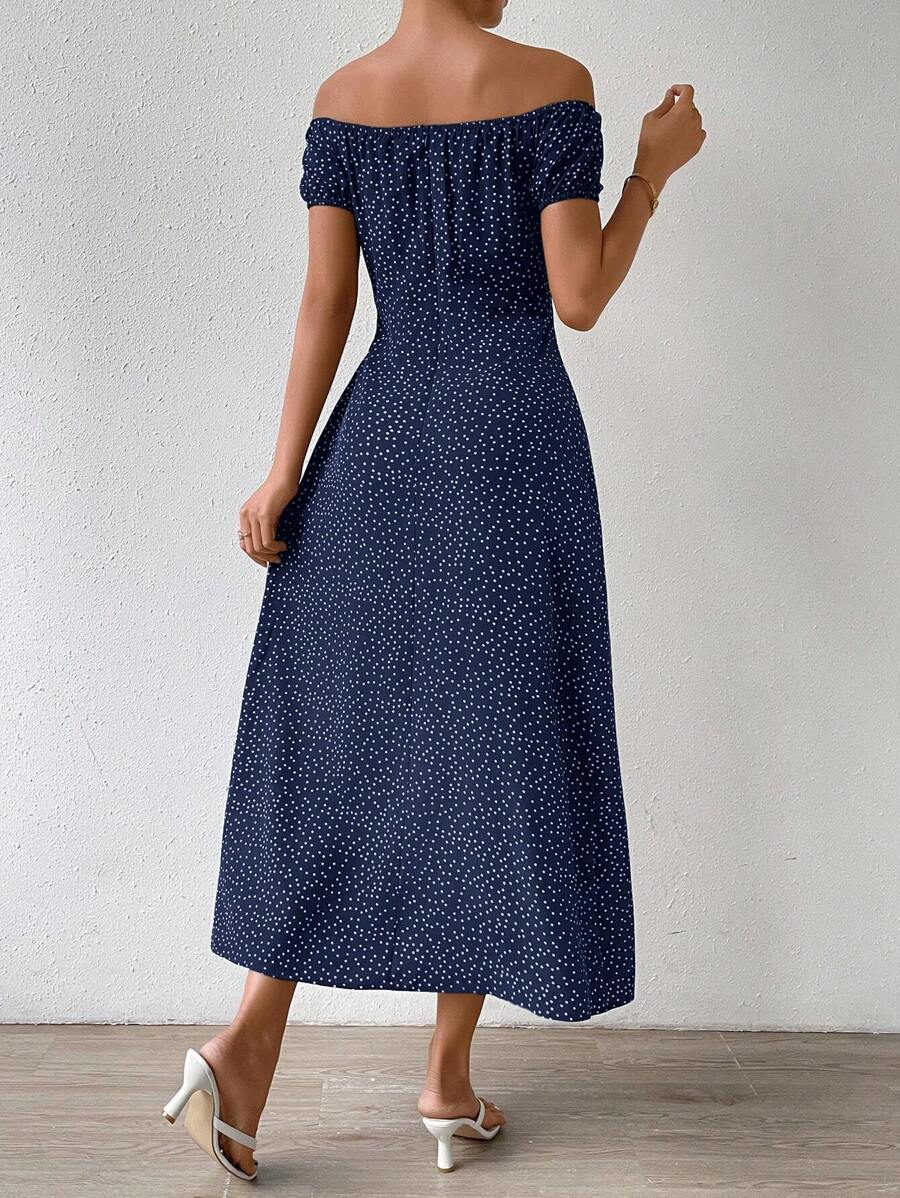 Breezaya™ Vestido Longo Feminino com Divisão na Coxa, Ombros à Mostra, Amarração na Frente e Estampa de Poá