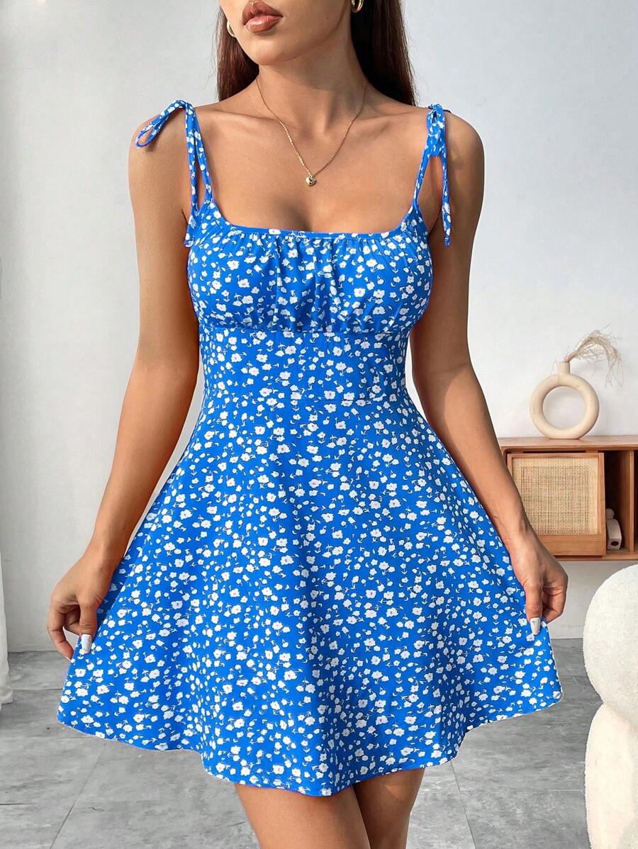 Breezaya™ Vestido Midi com Alça de Ombro Estampada de Flores, Vestido Bege Boho Sem Costas, Nó, Busto Pregueado, Alça Fina, Ajuste Regular, Vestido Curto Floral Preto Ditsy,