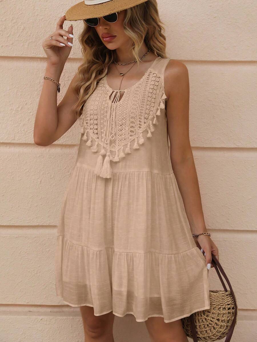 Breezaya™ Vestido Longo de Viagem e Praia para Mulheres, com Babado na Bainha e Decote com Gola Franzida e Acabamento em Borla