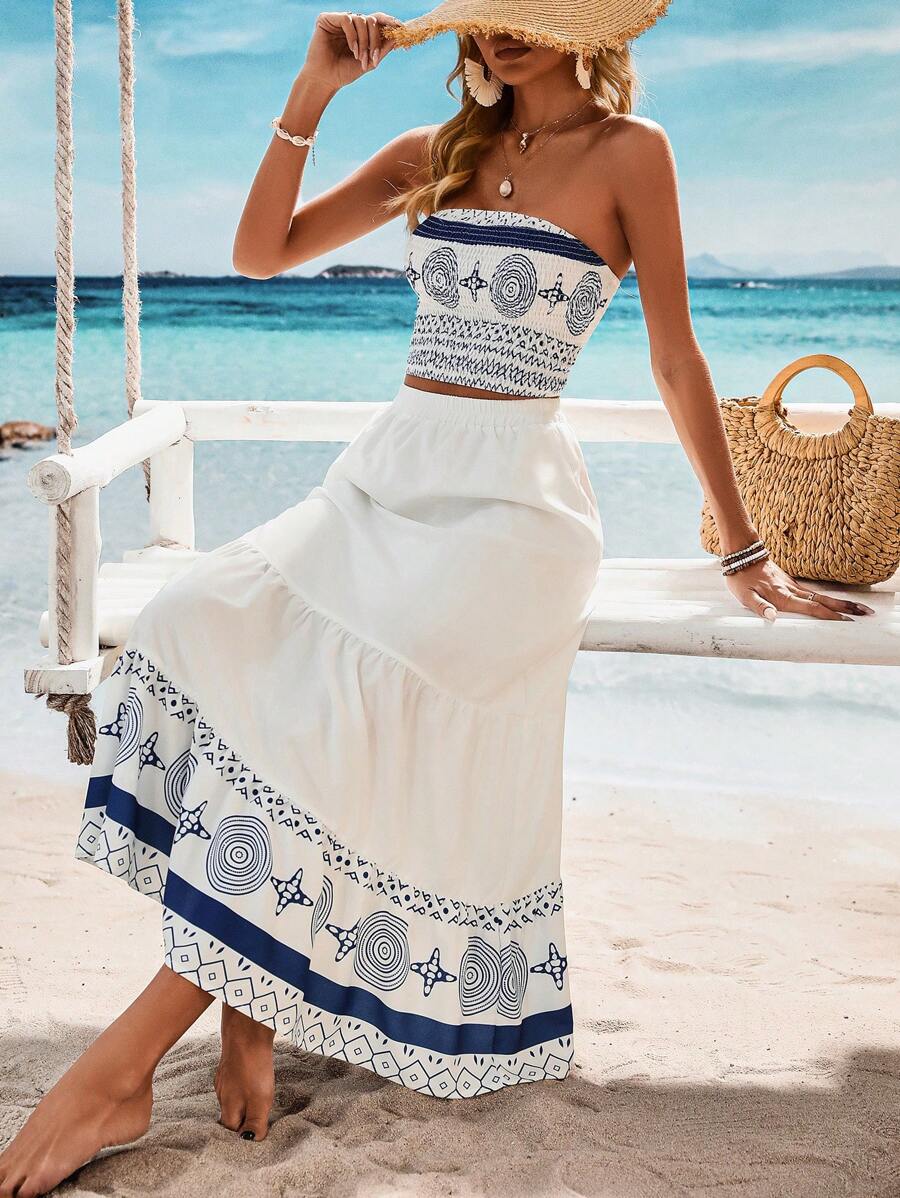 Breezaya™ Conjunto de Top Halter e Saia com Envelope Estampados para Férias na Praia