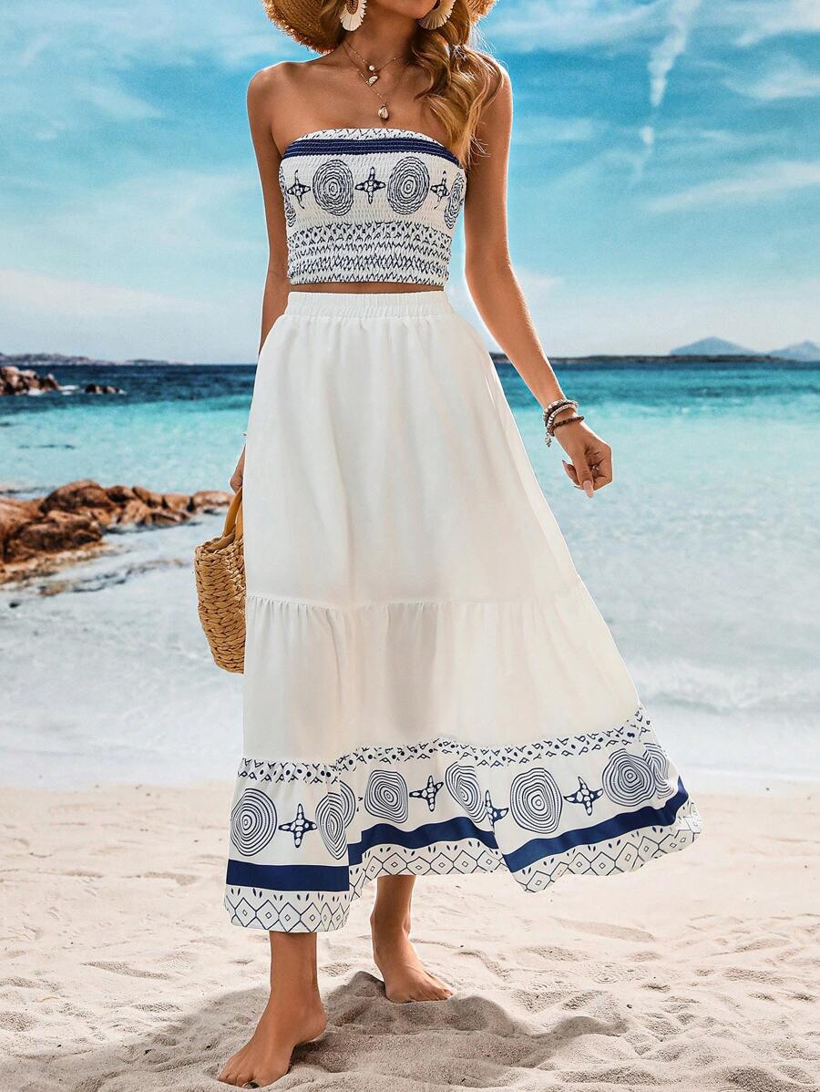 Breezaya™ Conjunto de Top Halter e Saia com Envelope Estampados para Férias na Praia