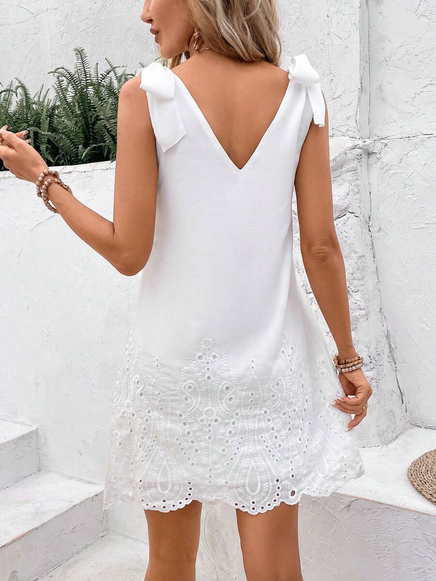 Breezaya™ Vestido Casual de Férias de Verão com Decote em V, Bordado de Ilhós, Nó no Ombro, para Praia e Férias
