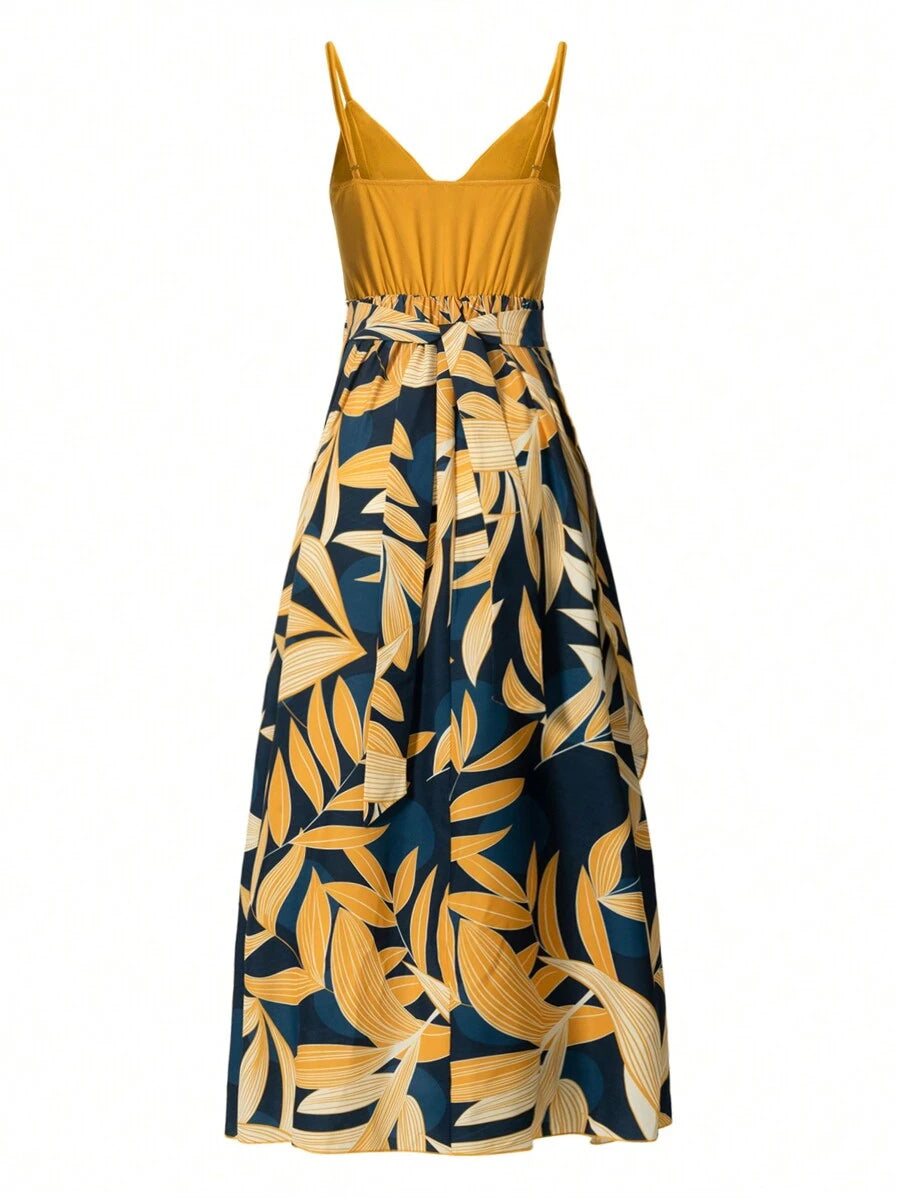 Breezaya™ Vestido Longo Feminino com Estampa de Plantas Tropicais, Cruzado, Alças Finas, Sem Mangas