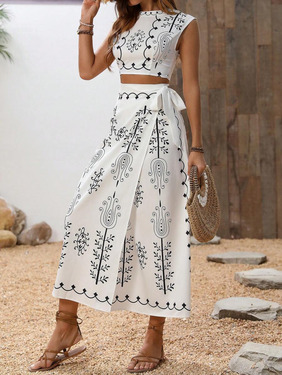 Breezaya™ Conjunto Feminino de Top e Saia Simples com Estampa