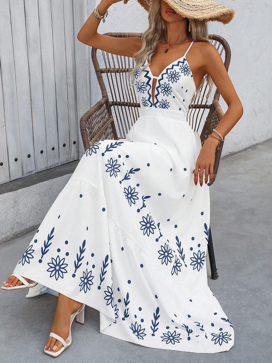 Breezaya™ Vestido Estampado Casual Cruzado Sem Costas Estilo A-Line para Férias de Primavera e Verão para Mulheres