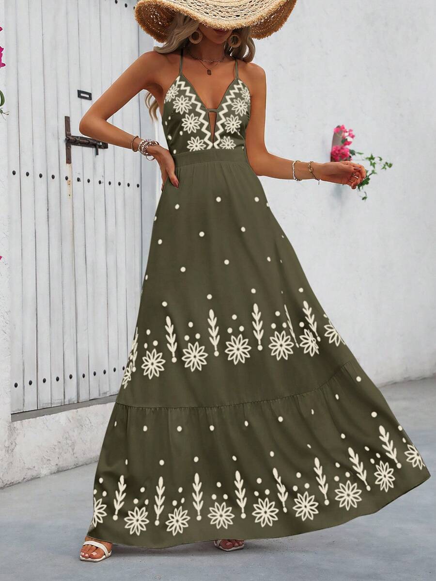 Breezaya™ Vestido Estampado Casual Cruzado Sem Costas Estilo A-Line para Férias de Primavera e Verão para Mulheres