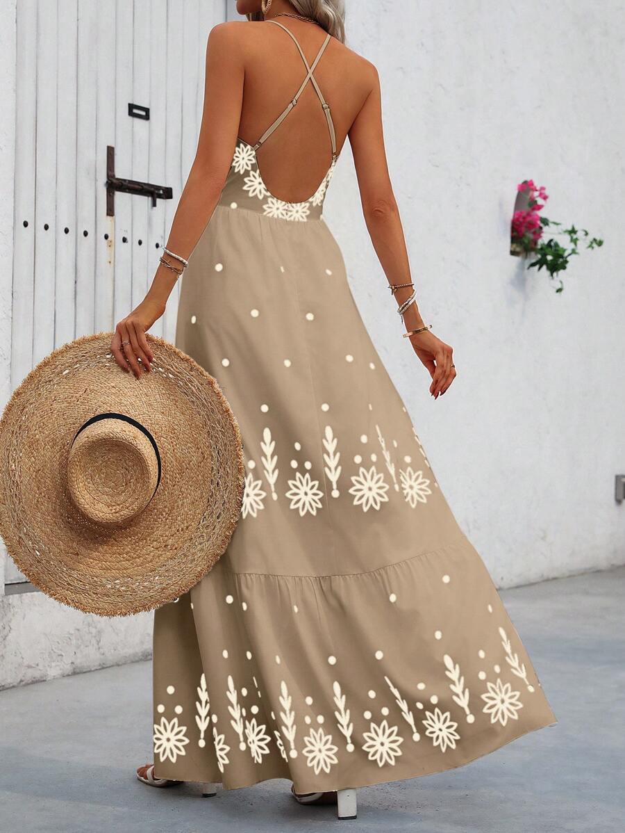 Breezaya™ Vestido Estampado Casual Cruzado Sem Costas Estilo A-Line para Férias de Primavera e Verão para Mulheres