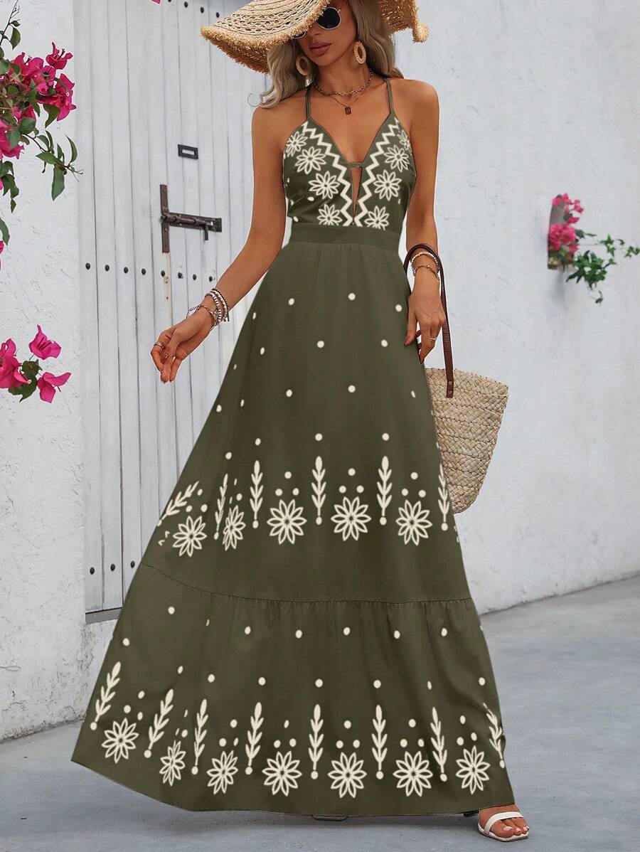 Breezaya™ Vestido Estampado Casual Cruzado Sem Costas Estilo A-Line para Férias de Primavera e Verão para Mulheres