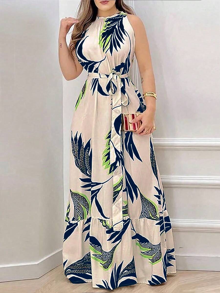 Breezaya™ Vestido Feminino de Estilo de Férias, Impressão Floral, Bainha de Babados, Cintura com Laço, Sem Mangas, Vestido Longo Feminino de Verão