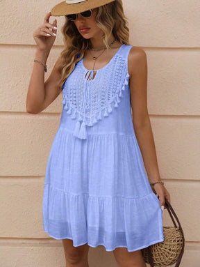 Breezaya™ Vestido Longo de Viagem e Praia para Mulheres, com Babado na Bainha e Decote com Gola Franzida e Acabamento em Borla