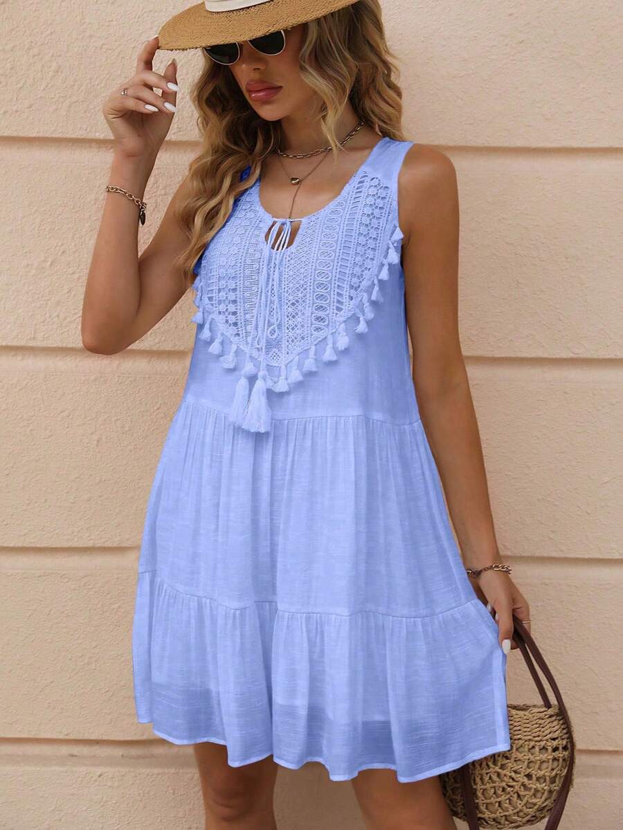 Breezaya™ Vestido Longo de Viagem e Praia para Mulheres, com Babado na Bainha e Decote com Gola Franzida e Acabamento em Borla