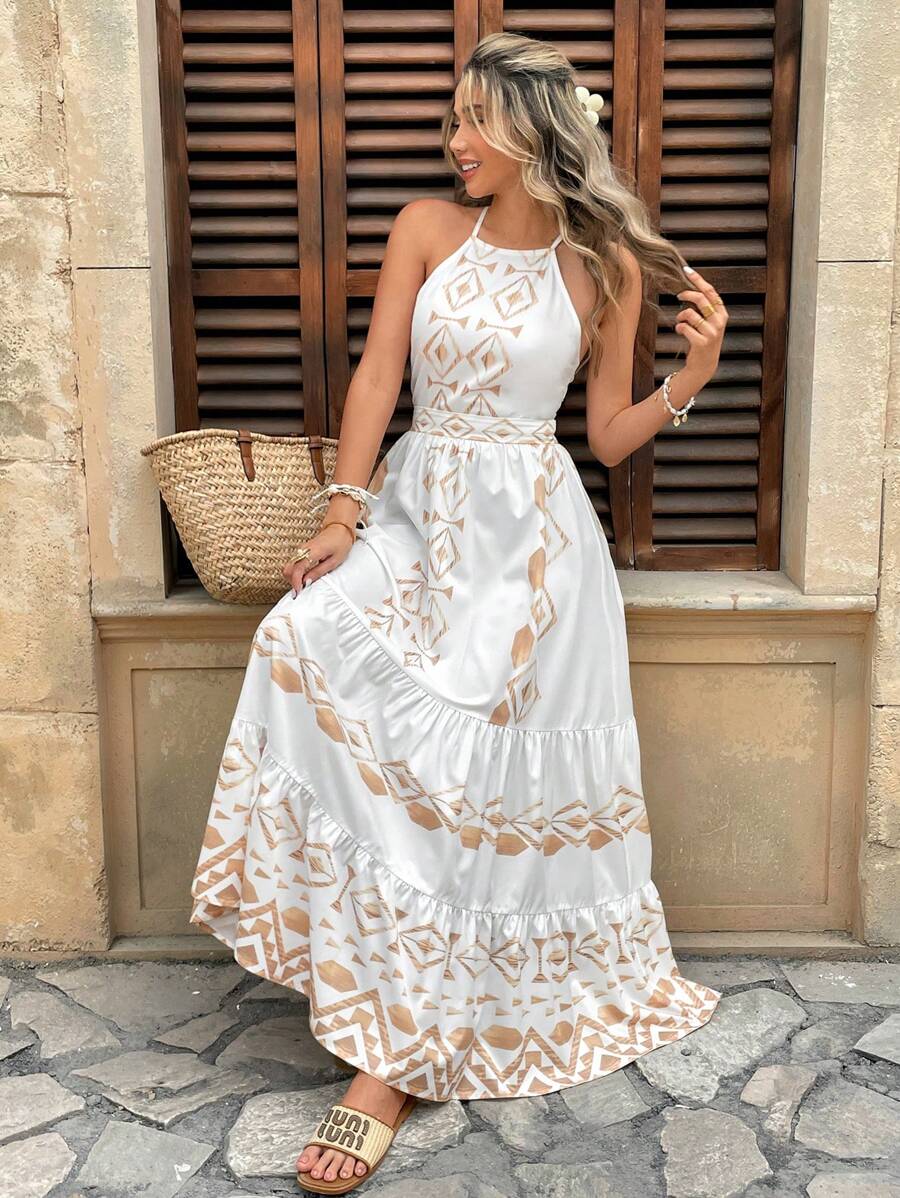 Breezaya™ Vestido de Alça Decotado Dourado Impresso