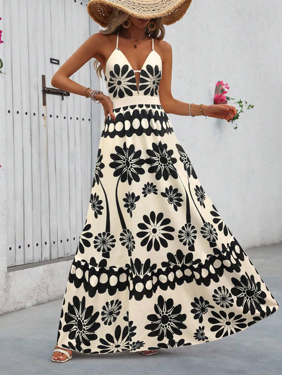 Breezaya™ Vestido Estampado Casual Cruzado Sem Costas Estilo A-Line para Férias de Primavera e Verão para Mulheres