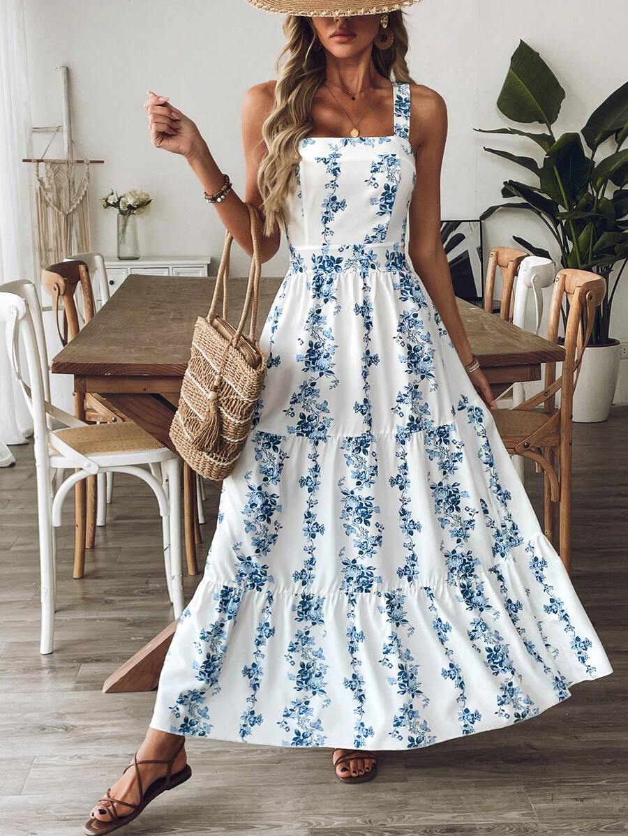 Breezaya™ Vestido Casual, Sem Mangas, Design de Cintura com Estampa Azul e Branca