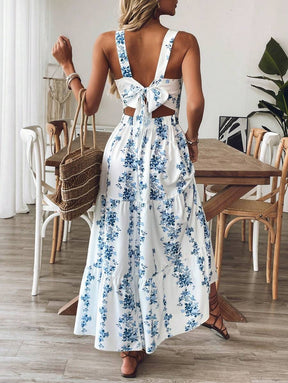 Breezaya™ Vestido Casual, Sem Mangas, Design de Cintura com Estampa Azul e Branca