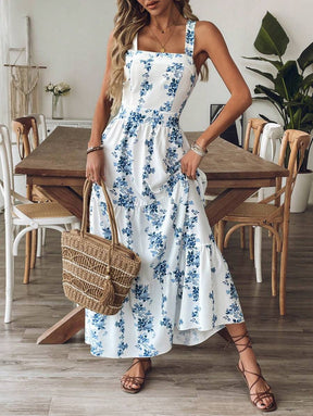 Breezaya™ Vestido Casual, Sem Mangas, Design de Cintura com Estampa Azul e Branca