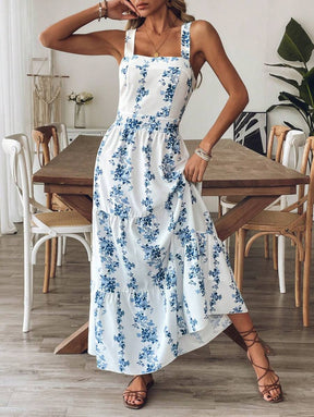 Breezaya™ Vestido Casual, Sem Mangas, Design de Cintura com Estampa Azul e Branca