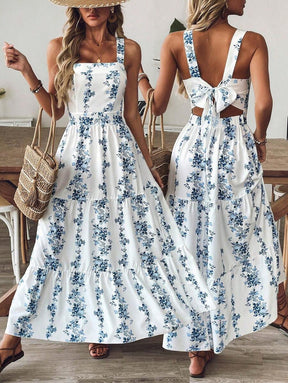 Breezaya™ Vestido Casual, Sem Mangas, Design de Cintura com Estampa Azul e Branca