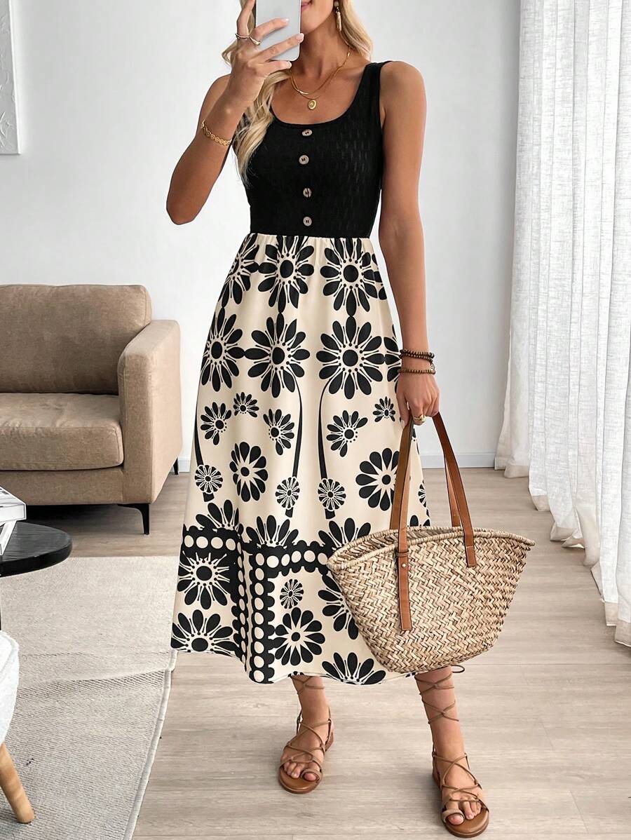 Breezaya™ Vestido de Corpo Colante Sem Mangas com Estampa Floral Mesclada, Estilo de Férias Feminino