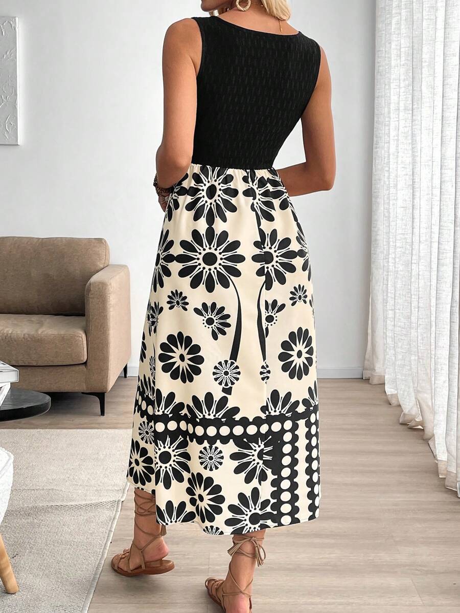 Breezaya™ Vestido de Corpo Colante Sem Mangas com Estampa Floral Mesclada, Estilo de Férias Feminino