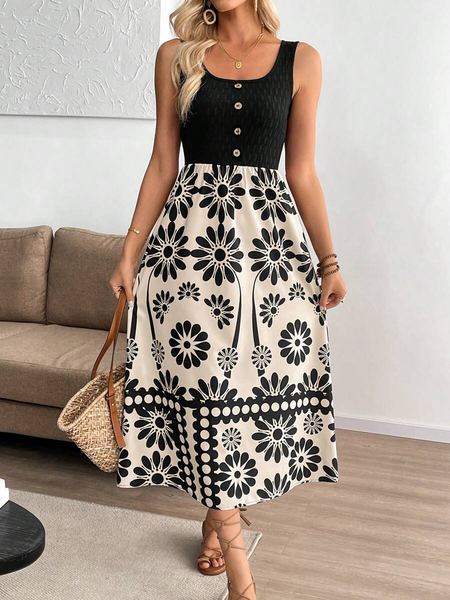 Breezaya™ Vestido de Corpo Colante Sem Mangas com Estampa Floral Mesclada, Estilo de Férias Feminino