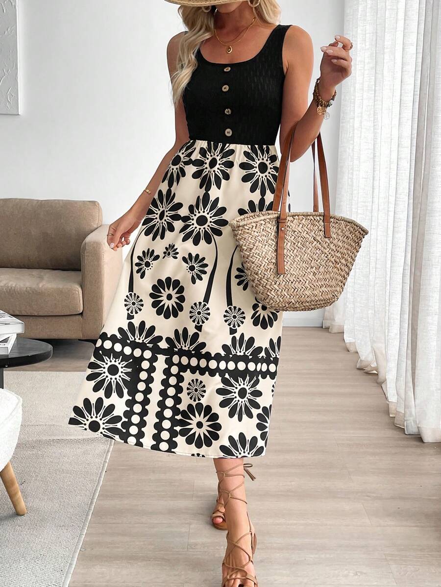 Breezaya™ Vestido de Corpo Colante Sem Mangas com Estampa Floral Mesclada, Estilo de Férias Feminino