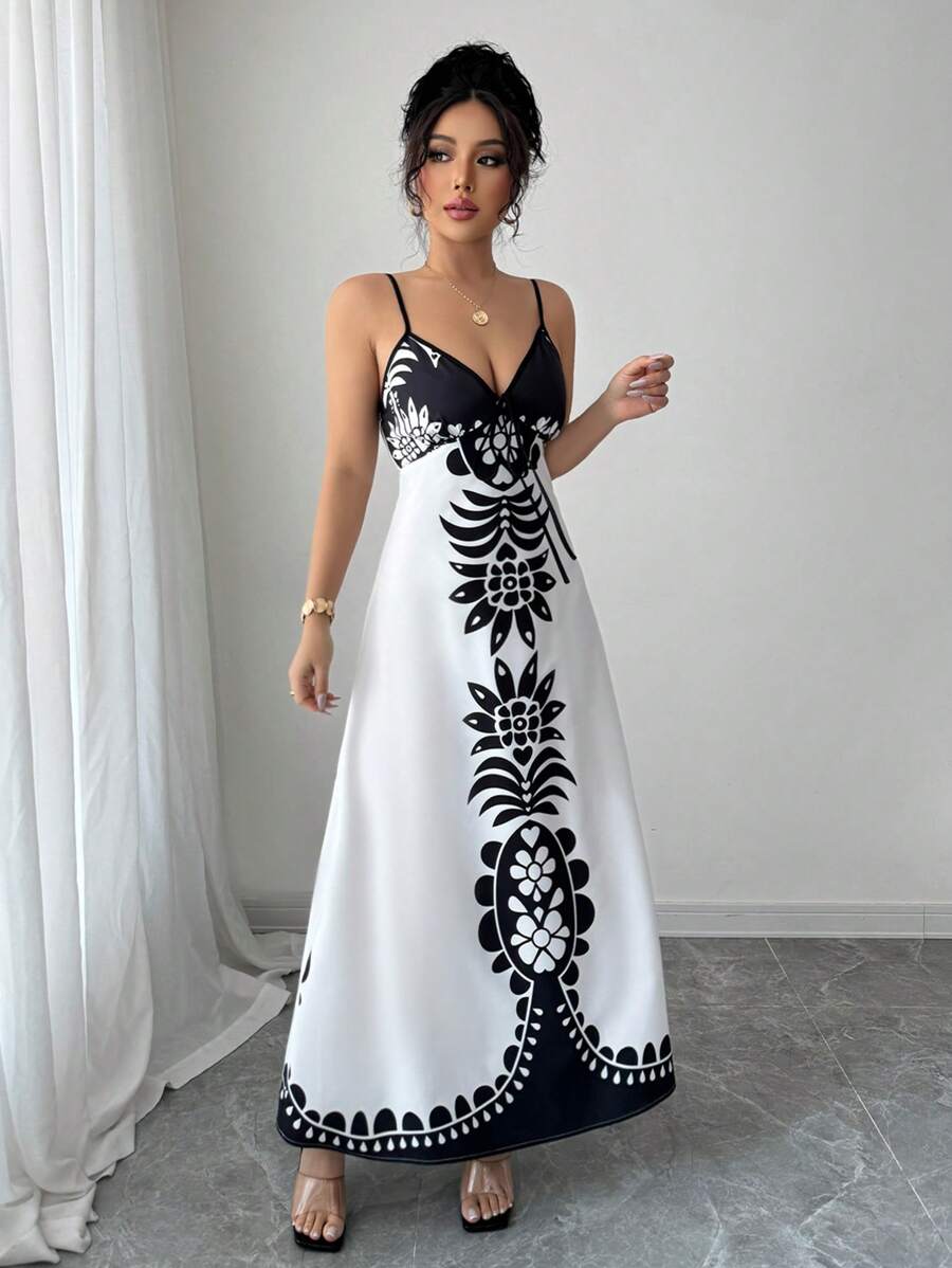 Breezaya™ Vestido Estampado de Decote em V, com Alças Finas