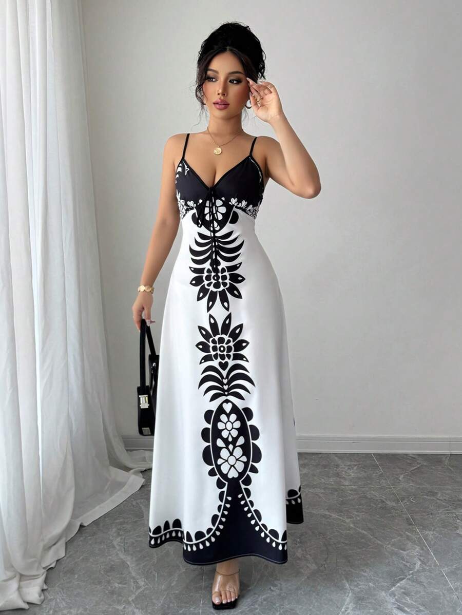 Breezaya™ Vestido Estampado de Decote em V, com Alças Finas