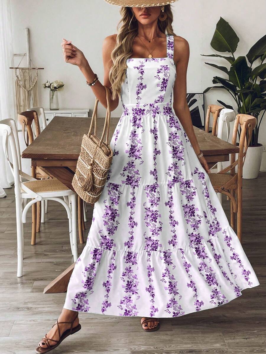 Breezaya™ Vestido Casual, Sem Mangas, Design de Cintura com Estampa Azul e Branca