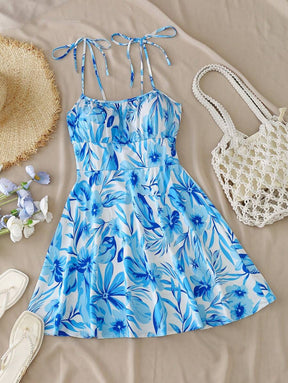 Breezaya™ Vestido Cropped Mini com Busto Franzido e Amarração Frontal em Estampa Floral Miúda Feminino