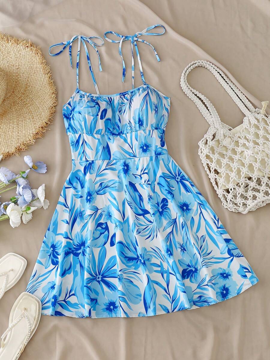 Breezaya™ Vestido Cropped Mini com Busto Franzido e Amarração Frontal em Estampa Floral Miúda Feminino