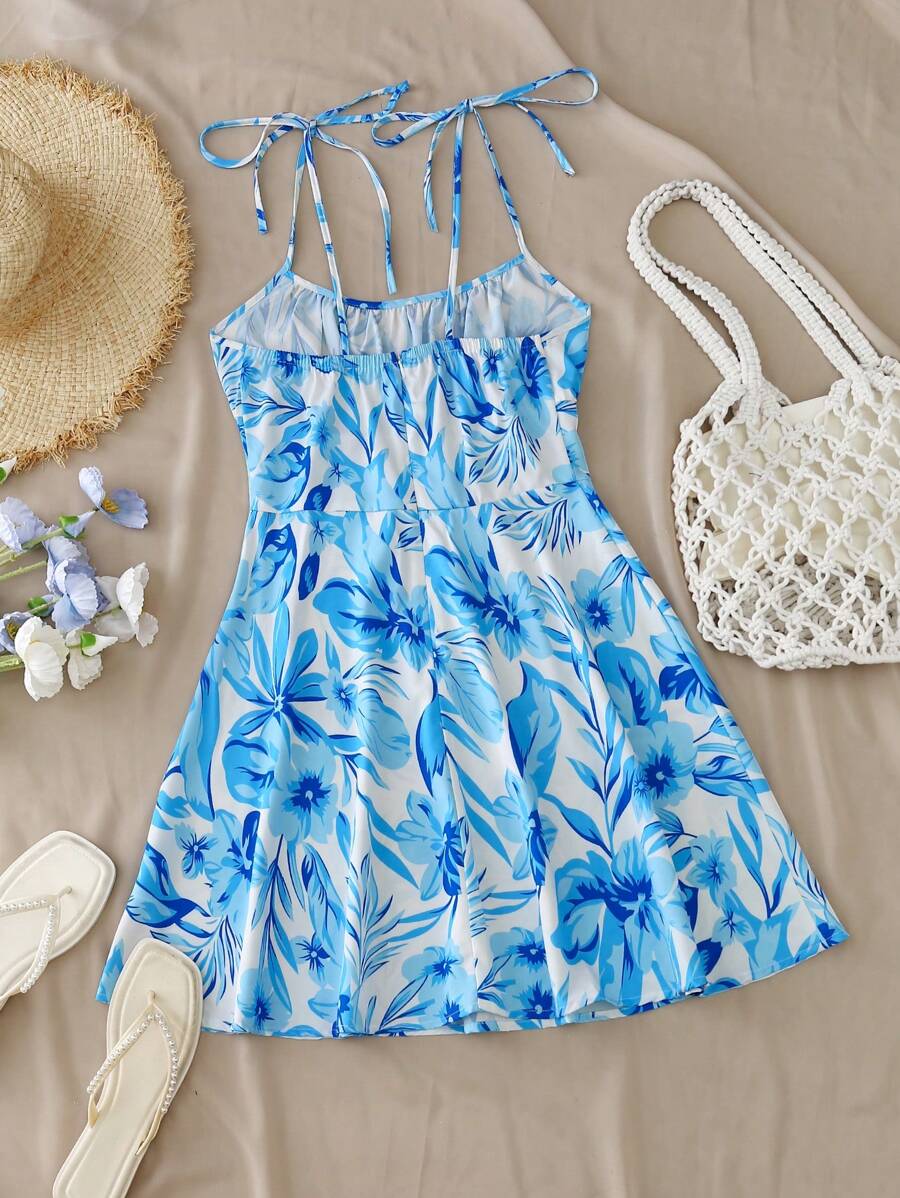 Breezaya™ Vestido Cropped Mini com Busto Franzido e Amarração Frontal em Estampa Floral Miúda Feminino