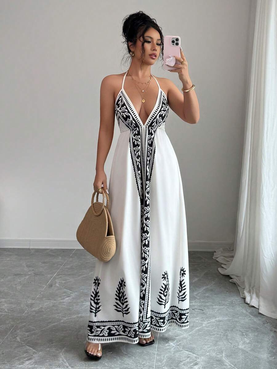 Breezaya™ Vestido de Decote em V Profundo com Estampa Floral para Mulheres, Vestido de Verão Estilo Maillard, Roupas de Verão Marrom para Universidade