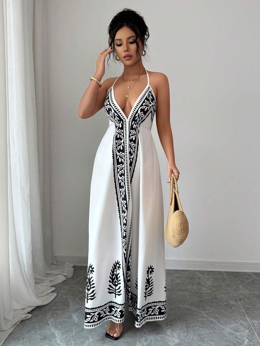 Breezaya™ Vestido de Decote em V Profundo com Estampa Floral para Mulheres, Vestido de Verão Estilo Maillard, Roupas de Verão Marrom para Universidade