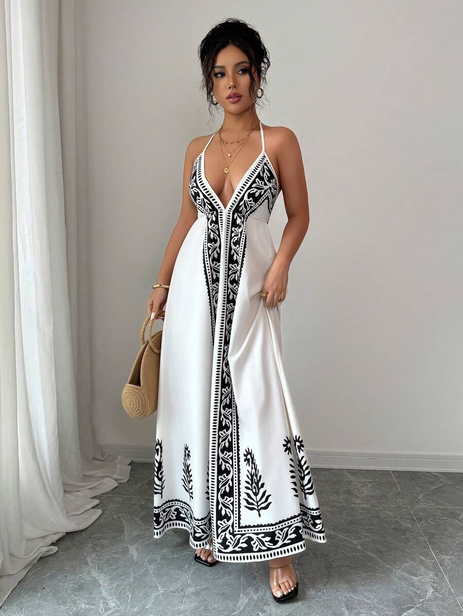 Breezaya™ Vestido de Decote em V Profundo com Estampa Floral para Mulheres, Vestido de Verão Estilo Maillard, Roupas de Verão Marrom para Universidade