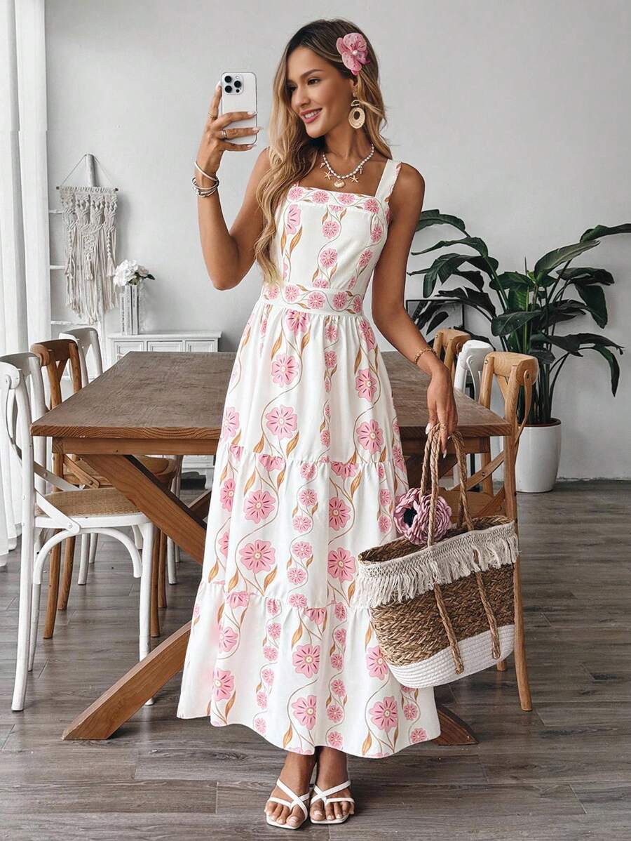 Breezaya™ Vestido Casual, Sem Mangas, Design de Cintura com Estampa Azul e Branca