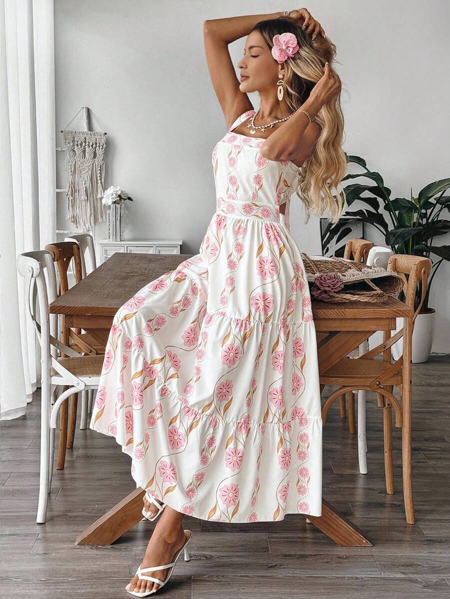 Breezaya™ Vestido Casual, Sem Mangas, Design de Cintura com Estampa Azul e Branca