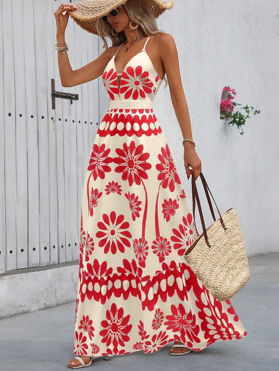 Breezaya™ Vestido Estampado Casual Cruzado Sem Costas Estilo A-Line para Férias de Primavera e Verão para Mulheres