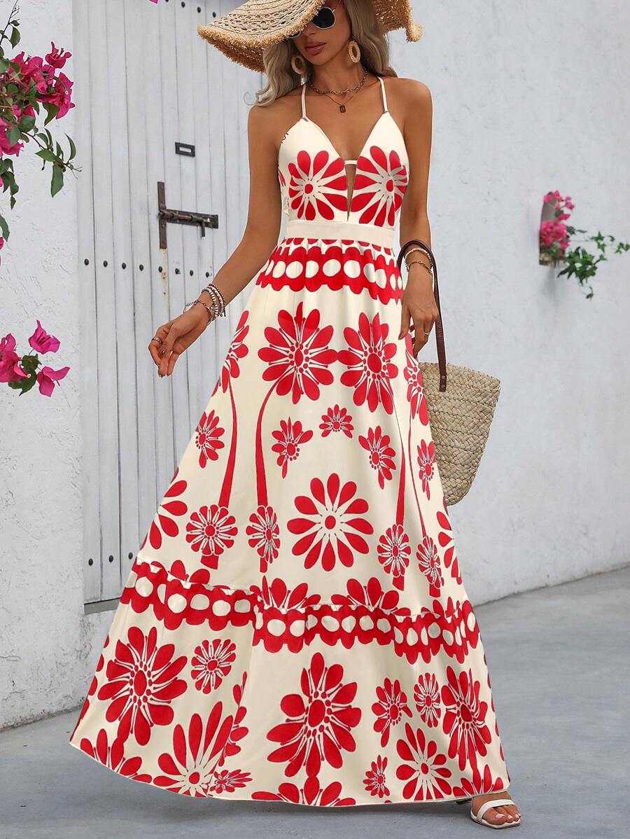 Breezaya™ Vestido Estampado Casual Cruzado Sem Costas Estilo A-Line para Férias de Primavera e Verão para Mulheres