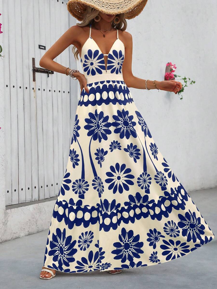 Breezaya™ Vestido Estampado Casual Cruzado Sem Costas Estilo A-Line para Férias de Primavera e Verão para Mulheres