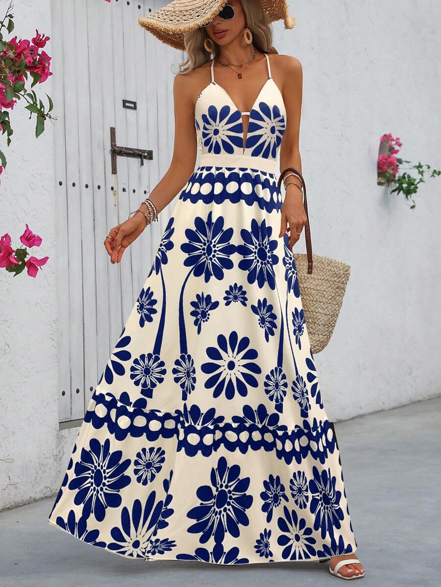 Breezaya™ Vestido Estampado Casual Cruzado Sem Costas Estilo A-Line para Férias de Primavera e Verão para Mulheres