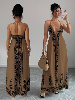 Breezaya™ Vestido de Decote em V Profundo com Estampa Floral para Mulheres, Vestido de Verão Estilo Maillard, Roupas de Verão Marrom para Universidade