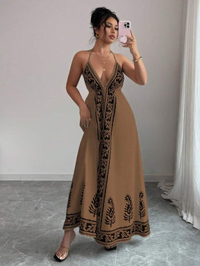 Breezaya™ Vestido de Decote em V Profundo com Estampa Floral para Mulheres, Vestido de Verão Estilo Maillard, Roupas de Verão Marrom para Universidade